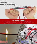 Person stretching Long Silicone Multimeter Test Leads Kit showing high temp resistance and flexibility, flame and ice exposure.