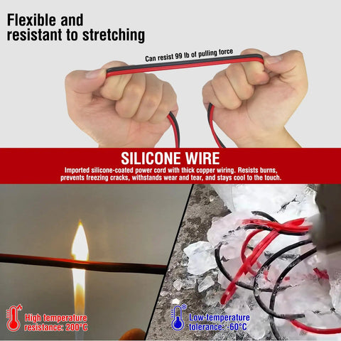 Person stretching Long Silicone Multimeter Test Leads Kit showing high temp resistance and flexibility, flame and ice exposure.