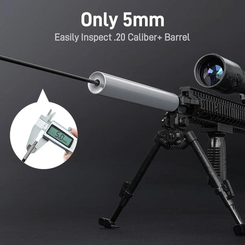 Rifle Borescope USB-C For iPhone 15/16 And Android showing 5mm diameter probe for .20 caliber barrel inspection