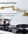 Pot Filler Wall Mounted Faucet With Double Jointed Swing Arm And Two Lever Handles In Brass, 23.4 Inch Reach, Brushed Dark Gold PVD Finish, Easy To Clean, 360 Degree Swivel, Ideal For Home Or Restaurant Kitchen over stove with pot