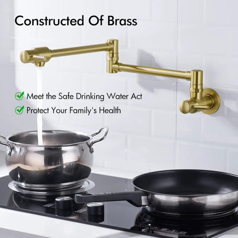 Pot Filler Wall Mounted Faucet With Double Jointed Swing Arm And Two Lever Handles In Brass, 23.4 Inch Reach, Brushed Dark Gold PVD Finish, Easy To Clean, 360 Degree Swivel, Ideal For Home Or Restaurant Kitchen over stove with pot