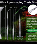 Pro Grade 4 Piece Aquascaping Tools Set For Planted Tanks Includes Long Aquarium Tweezers Curved Tweezers Curved Plant Scissors And Algae Scraper Plus Plant Trimming Spatula Built For Small 10 Gallon Fish Tanks with tool sizes.