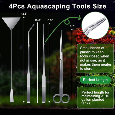 Pro Grade 4 Piece Aquascaping Tools Set For Planted Tanks Includes Long Aquarium Tweezers Curved Tweezers Curved Plant Scissors And Algae Scraper Plus Plant Trimming Spatula Built For Small 10 Gallon Fish Tanks with tool sizes.
