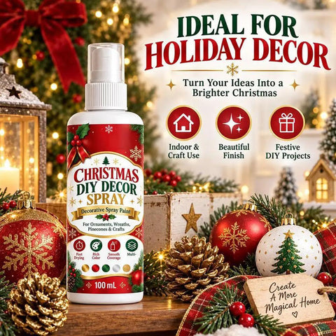 Christmas DIY Decor Spray Paint in 100 mL bottle on a festive holiday table for crafting ornaments and decorations.