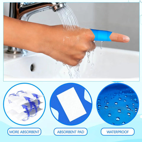 Hand under tap with Blue Food Service Bandages With Detectable Waterproof Adhesive And Quilt Aid Pad, 1.75 By 2 Inches