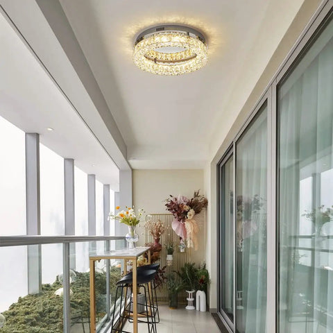 Crystal Chandelier LED Ceiling Light 16 Inch Flush Mount in elegant room, dimmable warm white 3000K with K9 crystals