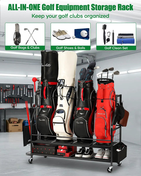 Four Bag Golf Bag Storage Rack With Wheels For Garage And Home Use All In One Organizer holding bags and equipment neatly off the floor