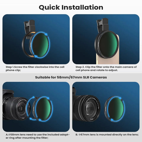 Quick installation of Dope 67mm Variable ND Filter 1 To 10 Stop For Phone And DSLR Cameras with universal clip and adapter.