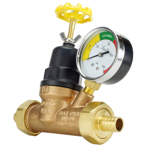 3/4 Inch Bronze PEX Water Pressure Regulator With Gauge Double Union Lead Free With Built In Bypass Gauge For Quick Reads No Tools Required For Adjustment
