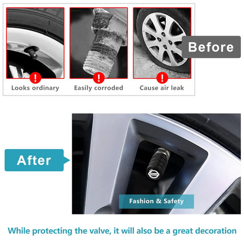 Before and after comparison of tire valve with rubber seal showing 4 Pack Tire Valve Stem Caps Made From Durable Aluminum Alloy