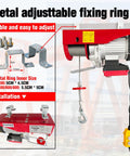Electric hoist winch front view, 110V, red frame, silver motor, wireless and wired remote.