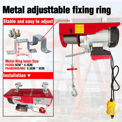 Electric hoist winch front view, 110V, red frame, silver motor, wireless and wired remote.