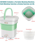 Tiny But Mighty Foldable Portable Washing Machine with Drainage Basket for Drying, shown with labeled parts including handle and knob.