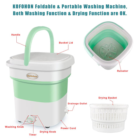 Tiny But Mighty Foldable Portable Washing Machine with Drainage Basket for Drying, shown with labeled parts including handle and knob.