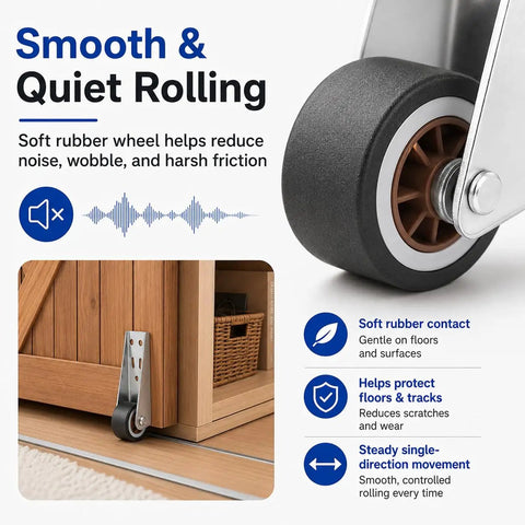 Close-up of Dead Nuts Heavy Duty Vertical Track Roller Wheels With Quiet Rubber Casters, showcasing soft rubber for smooth motion.