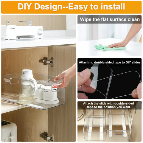 Total Game Changer Pull Out Cabinet Rails Kit Smooth Glide Drawer Slides 8 Pack Heavy Duty ABS Plastic Basket Organizer Guide in use during installation.