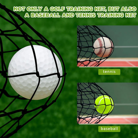 10 Ft Golf Practice Net For Indoor Outdoor Backyard Driving Range Vibes, Durable Polyester Mesh Netting With 12 Spring Snaps, Rope, 4 Clips, Storage Bag And Quick Install Tool, Frame Not Included; close-up of golf, tennis, and baseball in net