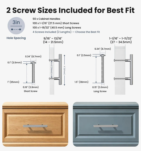 Diagram of 50 Pack Brushed Nickel Stainless Steel Cabinet Pulls 5 Inch Length 3 Inch Center To Center Holes with screw sizes