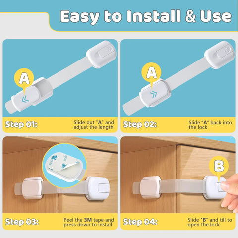 Installation steps for Six Pack Kid Safe Cabinet Locks For Cabinets And Drawers With Extra 3M Adhesives, showing removable latch.