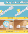Installation steps for 14 Pack Baby Proof Cabinet Latches With Extra 3M Adhesives on cabinet drawers.