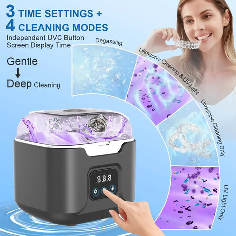 Dope Ultrasonic Retainer Cleaner Machine With 48kHz Power 4 Modes And Timer 240ML Dental Pod in use, showing cleaning cycles