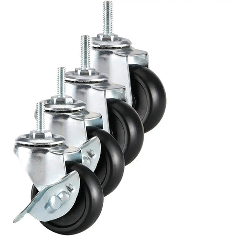 Built Bangin 2 Inch Casters Set Of 4 For Wire Shelving And Rolling Carts with black wheels and threaded stems.