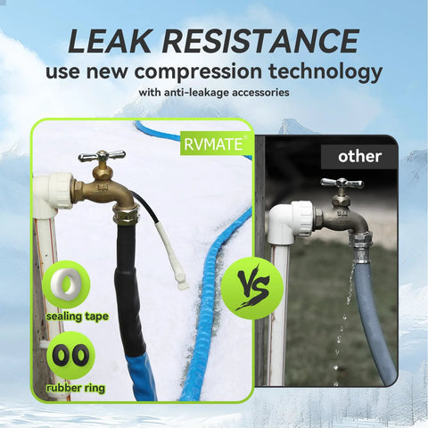 Front view of RVMATE heated RV water hose, 35ft, antifreeze; brass valve with white fittings