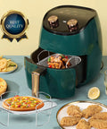 Premium Steel Air Fryer Basket Set With Nonstick Mesh for even heat in green air fryer, BPA Free, FDA Approved, food grade.