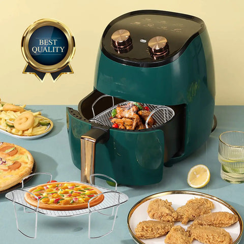 Premium Steel Air Fryer Basket Set With Nonstick Mesh for even heat in green air fryer, BPA Free, FDA Approved, food grade.
