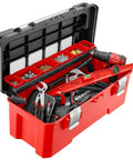 Boss Level Plastic Tool Box With Reinforced Aluminum Bar Secure Quick Click Latches Job Site Ready Portable Parts Bin Red Black filled with tools.