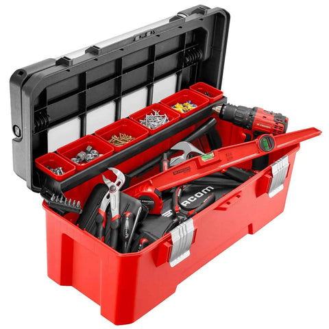 Boss Level Plastic Tool Box With Reinforced Aluminum Bar Secure Quick Click Latches Job Site Ready Portable Parts Bin Red Black filled with tools.