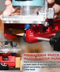 Close-up of Adjustable Aluminum Door Hinge Mortise Jig Kit with Dual Clamps, showcasing cutter head and precise hinge positioning.
