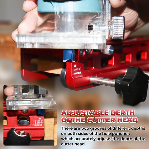 Close-up of Adjustable Aluminum Door Hinge Mortise Jig Kit with Dual Clamps, showcasing cutter head and precise hinge positioning.