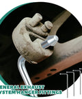 Close-up of Beefy Heavy Duty Universal Exhaust Hanger Rod Kit Four Pack, Ten Inch Long, 90 Degree Bend Weld On Hangers in use