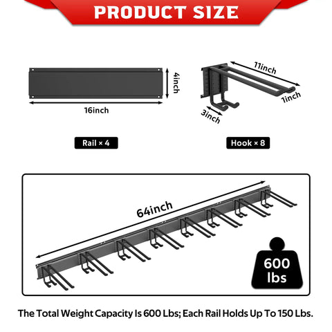 Product size diagram of Modern Top Shelf Heavy Duty Wall Mount Ski Rack Solid Garage Game Changer with dimensions listed.