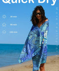 Woman on beach with Ultra Thin Lightweight Microfiber Beach Towel With Carry Strap Sand Free Quick Dry Absorbent Compact.