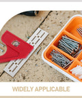 Metal Angle Ruler For Woodworking And Carpentry High Precision Protractor Tool next to screws and a red tool on concrete