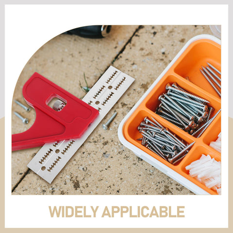 Metal Angle Ruler For Woodworking And Carpentry High Precision Protractor Tool next to screws and a red tool on concrete