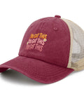Low Profile Unstructured Vintage Tennis Trucker Hat For Men In Deep Rose With 6 Embroidered Vent Eyelets And Adjustable Buckle