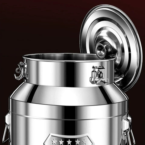 Straight Up 304 Stainless Steel Milk Can Jug Beverage Dispenser crafted for reliable daily use, featuring an open lid and sturdy construction.