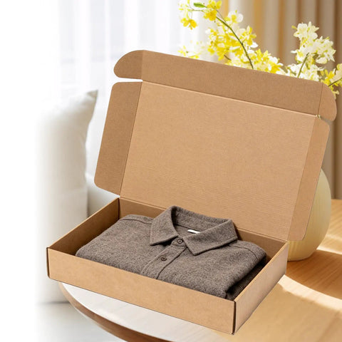 Open kraft brown shipping box with folded shirt inside, Shipping Boxes 17x11x3 Inches, 20 Pack Corrugated Cardboard Mailing Boxes