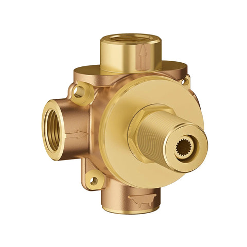 Three Way Diverter Rough In Valve With Inlet And Three Outlets ADA Compliant One Half Inch NPT CalGreen Ready StarLight Chrome Finish