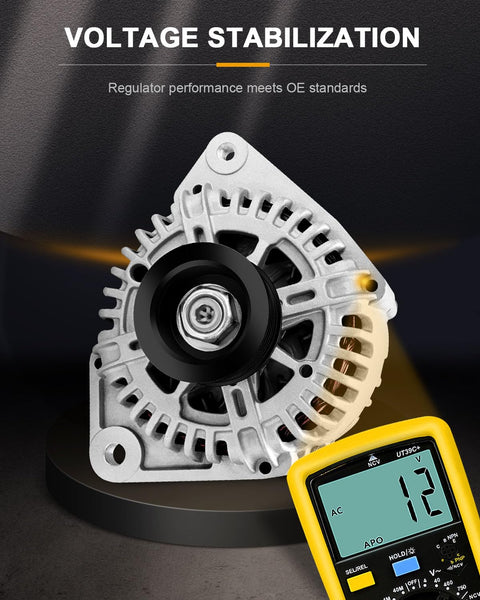 Replacement Alternator For Nissan Maxima 2004 Through 2008 OEM Grade OE Standard 11017 AVA0004 front view with voltmeter
