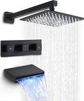 Three Handle Tub And Shower Faucet Set With A 10 Inch Rain Shower Head Wall Mount Waterfall Spout With LED Light LED Waterfall Bath Tub Trim Kit Matte Black