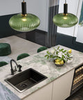 Go To Industrial Pendant Light With Dreamy Striped Glass Shade And Black Canopy For Kitchen Island Farmhouse Style Adjustable Height Cable Hanging Fixture Large Green over kitchen island