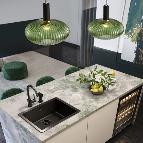 Go To Industrial Pendant Light With Dreamy Striped Glass Shade And Black Canopy For Kitchen Island Farmhouse Style Adjustable Height Cable Hanging Fixture Large Green over kitchen island