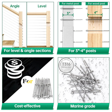 Four views of Fifty Pack One Eighth Inch Cable Railing Hardware Kit for 4x4 and 2x2 wood or metal posts in T316 stainless steel.
