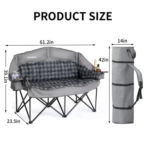 Beast Mode Double Camping Chair With Cup Holders And Carry Bag, Heavy Duty Padded Folding 2 Person Outdoor Couch, Grey, size details shown