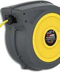 Retractable Extension Cord Reel 50 Ft 12 AWG SJTOW Glow Strip Cable with wall mount and plug, shown in retracted state.