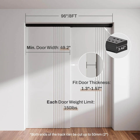 96-Inch Bypass Sliding Closet Door Hardware Track Kit For Soft Close Barn Doors, showing specifications and measurements.